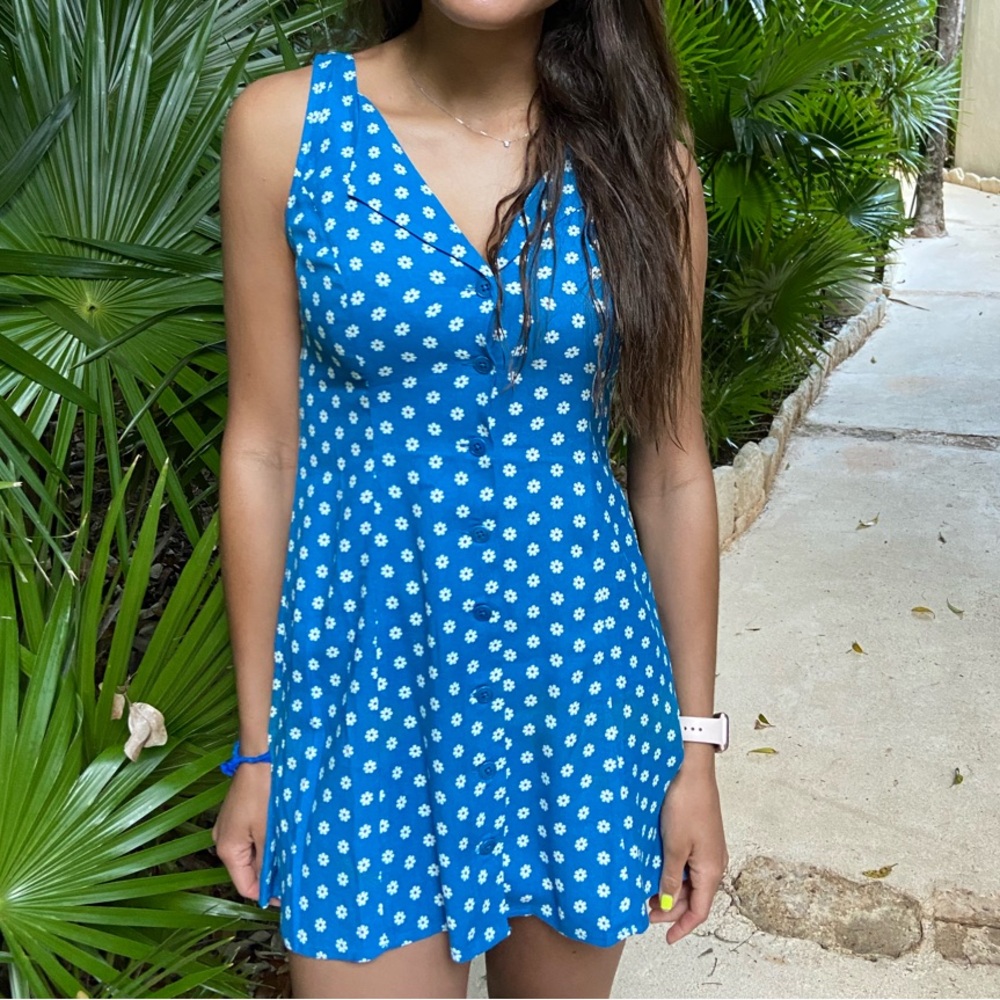 Reformation Blue and White Mini Dress with Polka Dots